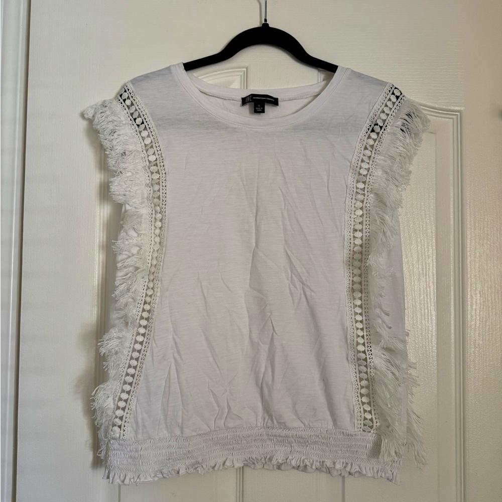 White Fringe Sleeve Cotton Top